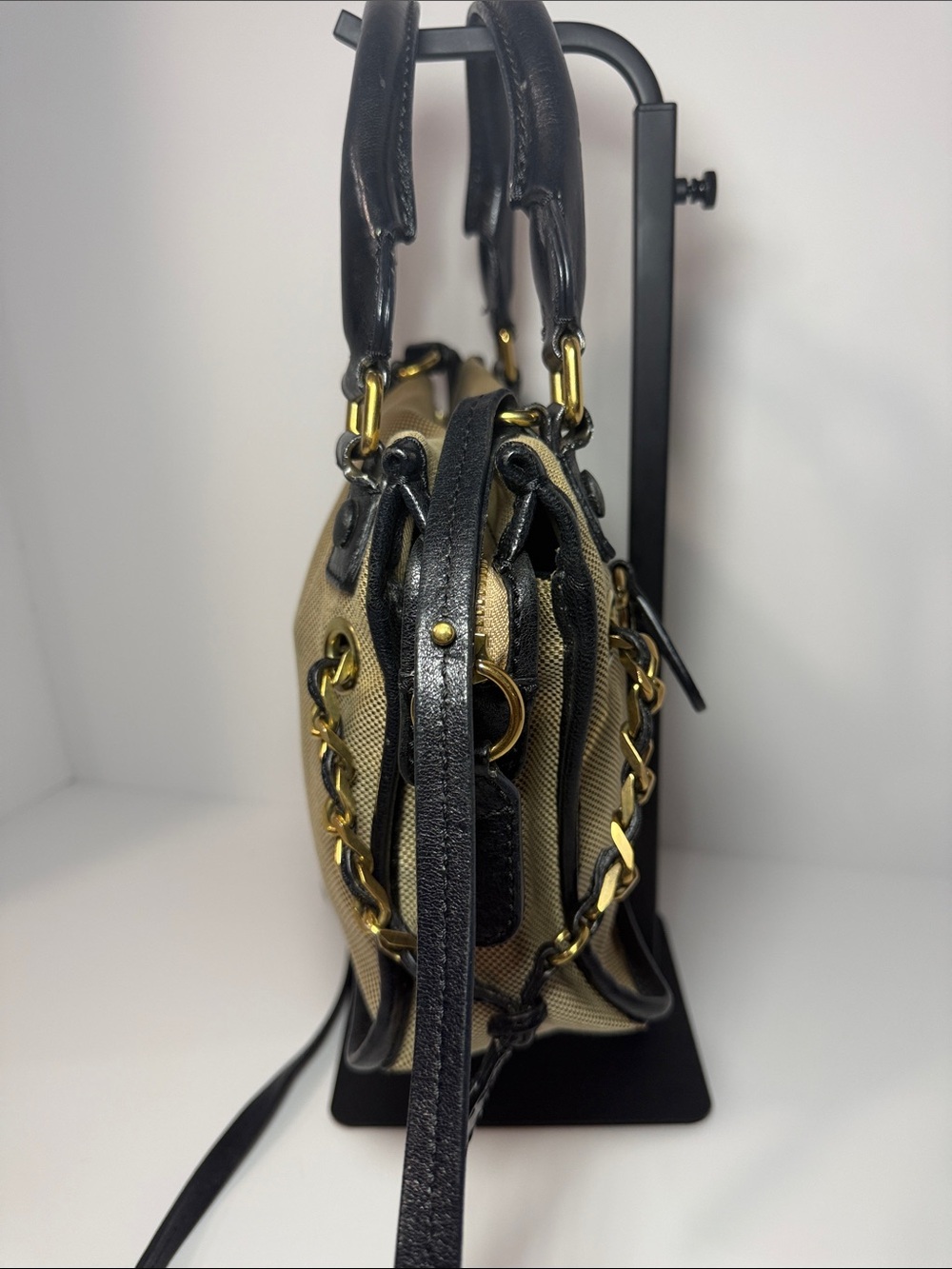 Chloé Canvas & Black Leather Satchel Crossbody Bag Gold Hardware - Picture 6 of 13